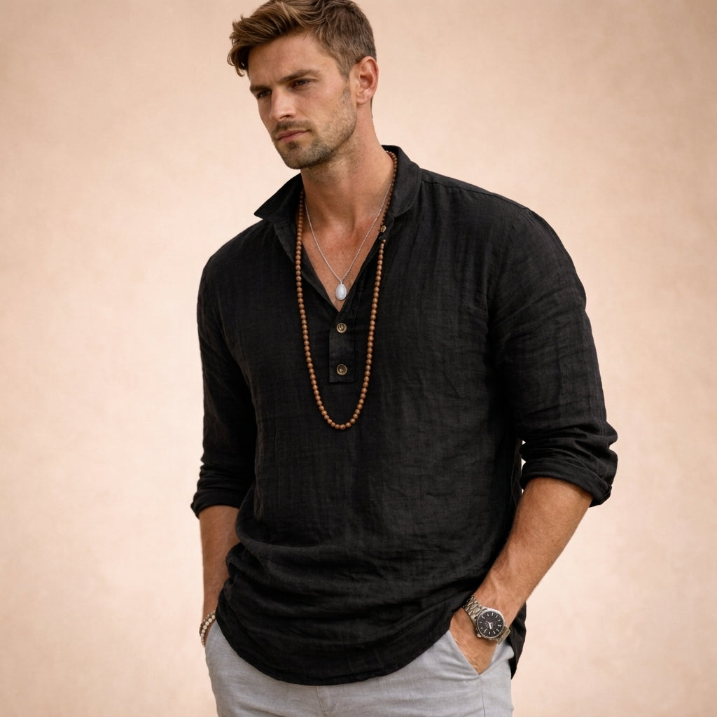 Men's Linen Shirt - Long Sleeve Button Up Casual Shirt