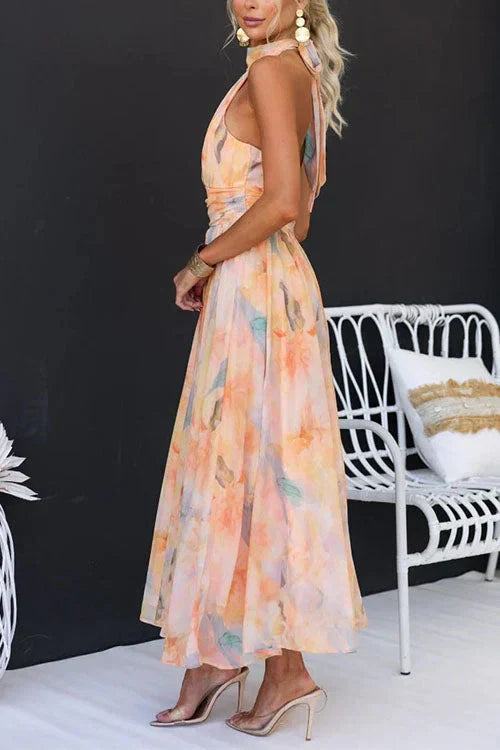 Whitley | Modern Floral Halter Sundress with Adjustable Tie Back Style