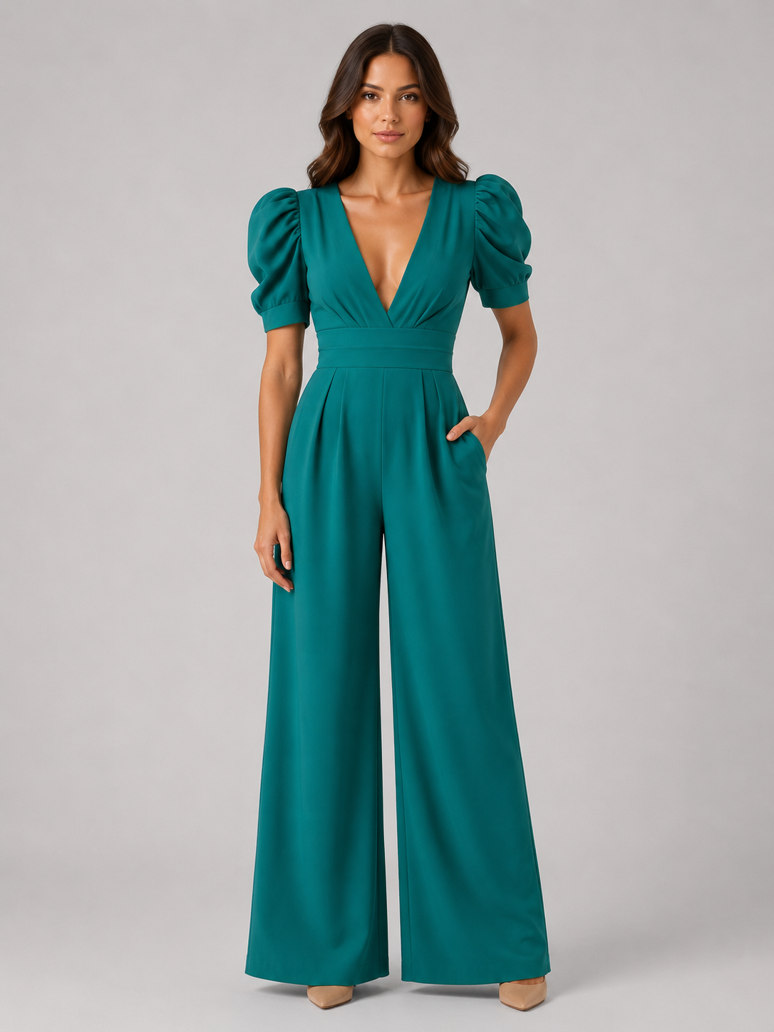 Women's Puff Sleeve Wide Leg Jumpsuit - Tailored Formal Romper