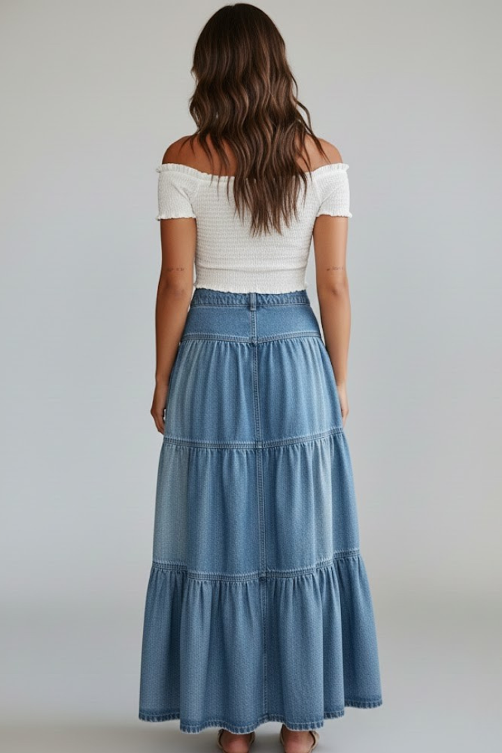Waverly | Fashion Women's Layered Denim Maxi Skirt with Button Details
