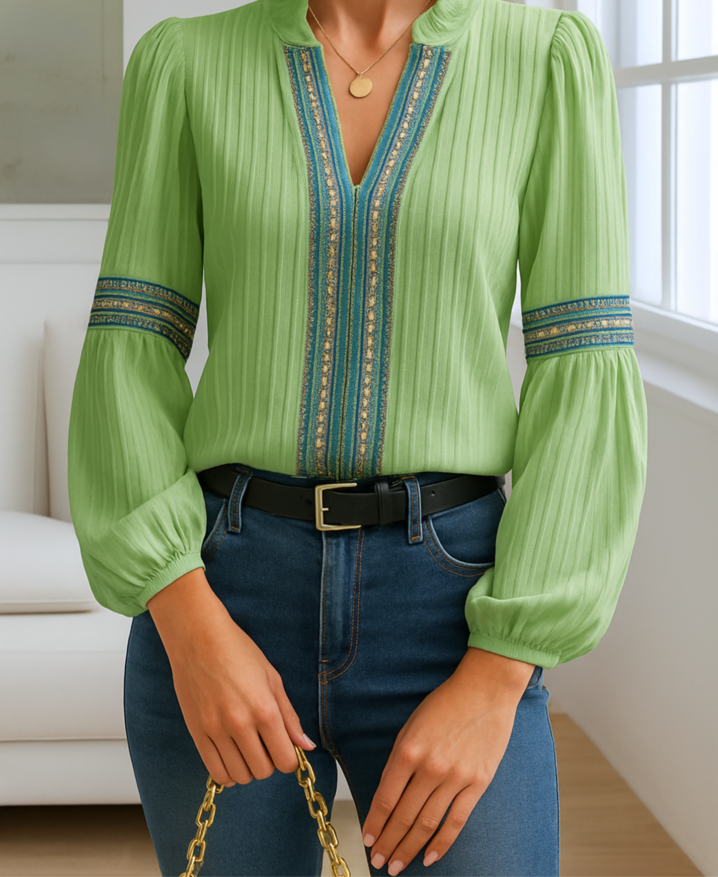 Alayna | Retro Flair V-Neckline Blouse for All-Season Wear