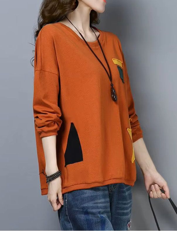 Women's Patchwork Cotton Sweatshirt – Loose Fit Tunic Top