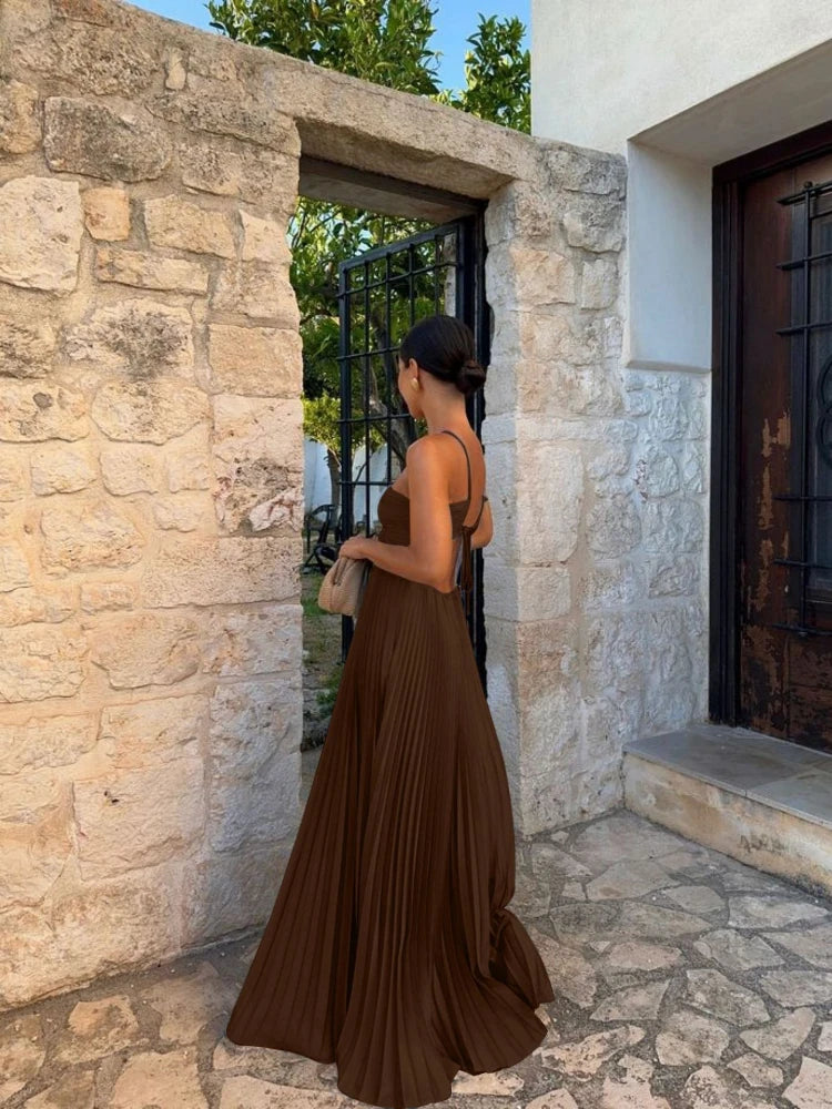 Farrah | Glamorous Halter Pleated Long Maxi Dress with Strappy Detail