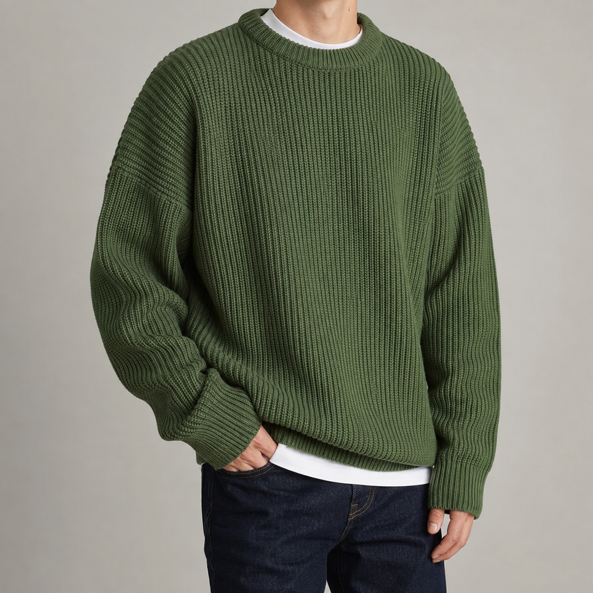 Men's Ribbed Crew Neck Sweater - Chunky Knit Pullover