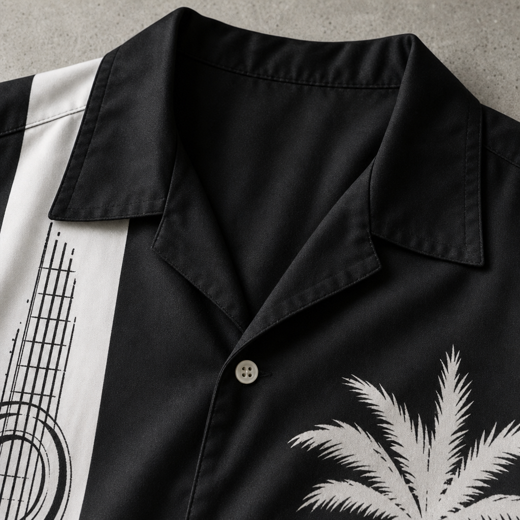 Men's Bowling Shirt - Retro Guitar Print Short Sleeve