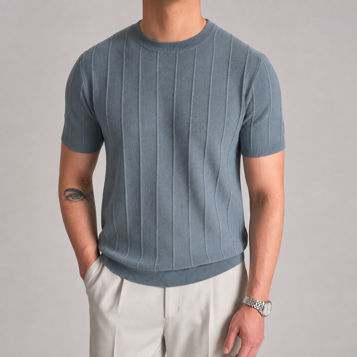 Men's Ribbed T-Shirt - Knit Short Sleeve Casual Top