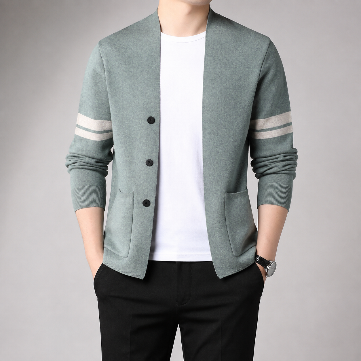 Men's Knit Cardigan - Striped Sleeve Button Front Sweater
