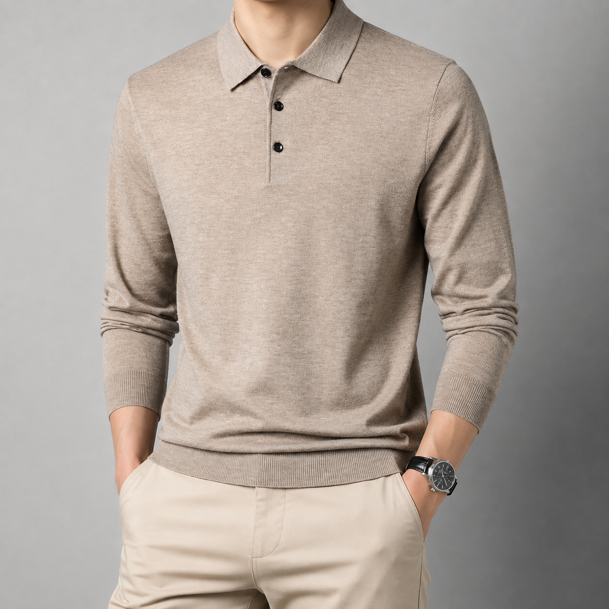 Men's Long Sleeve Polo Shirt - Knit Pullover Sweater
