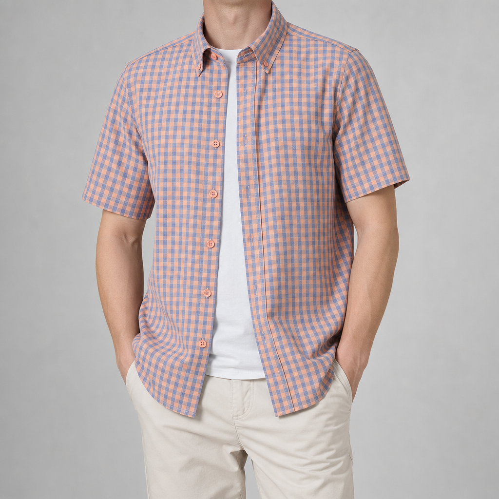 Men's Plaid Shirt - Short Sleeve Casual Button Down