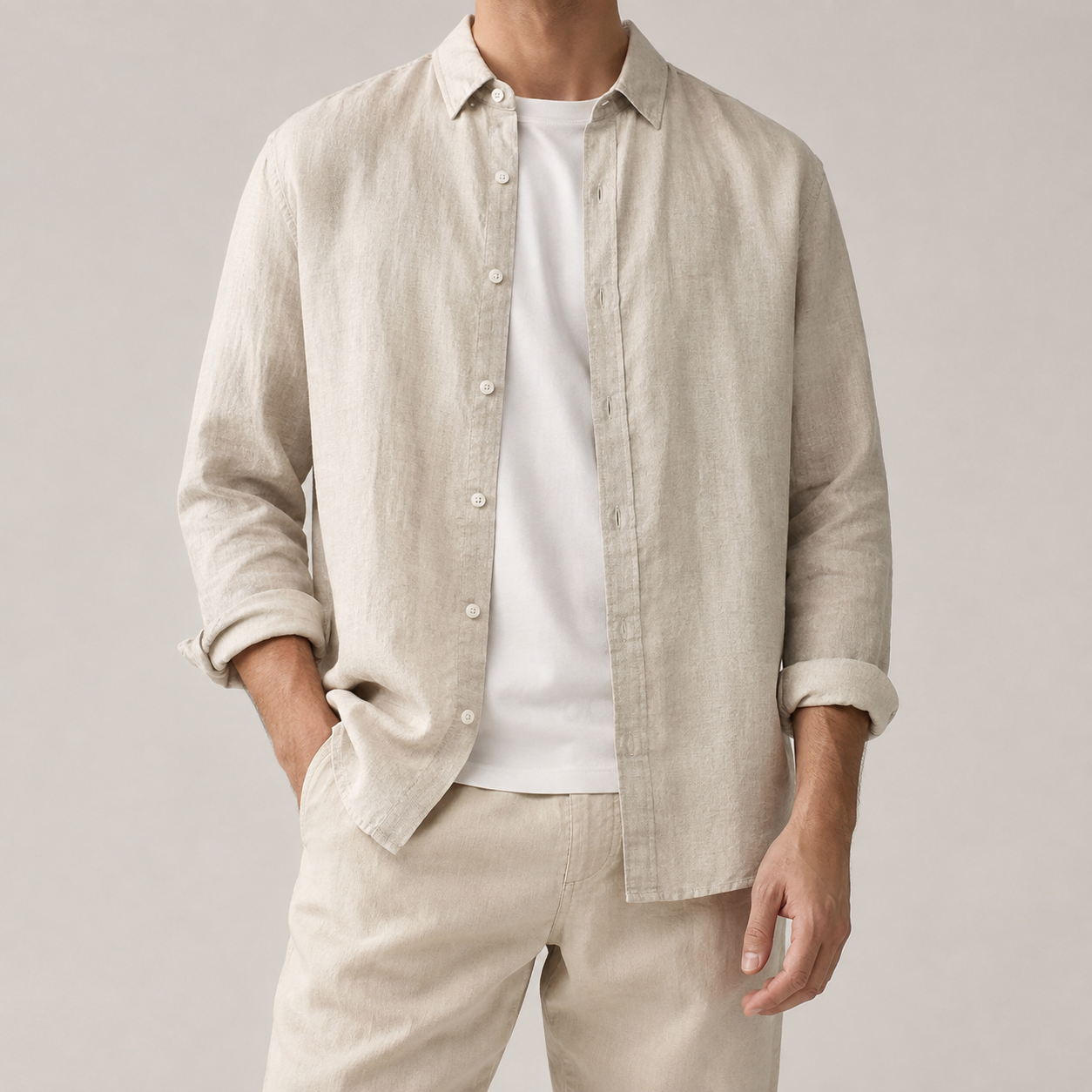 Men's Cotton Linen Shirt - Long Sleeve Casual Button Down