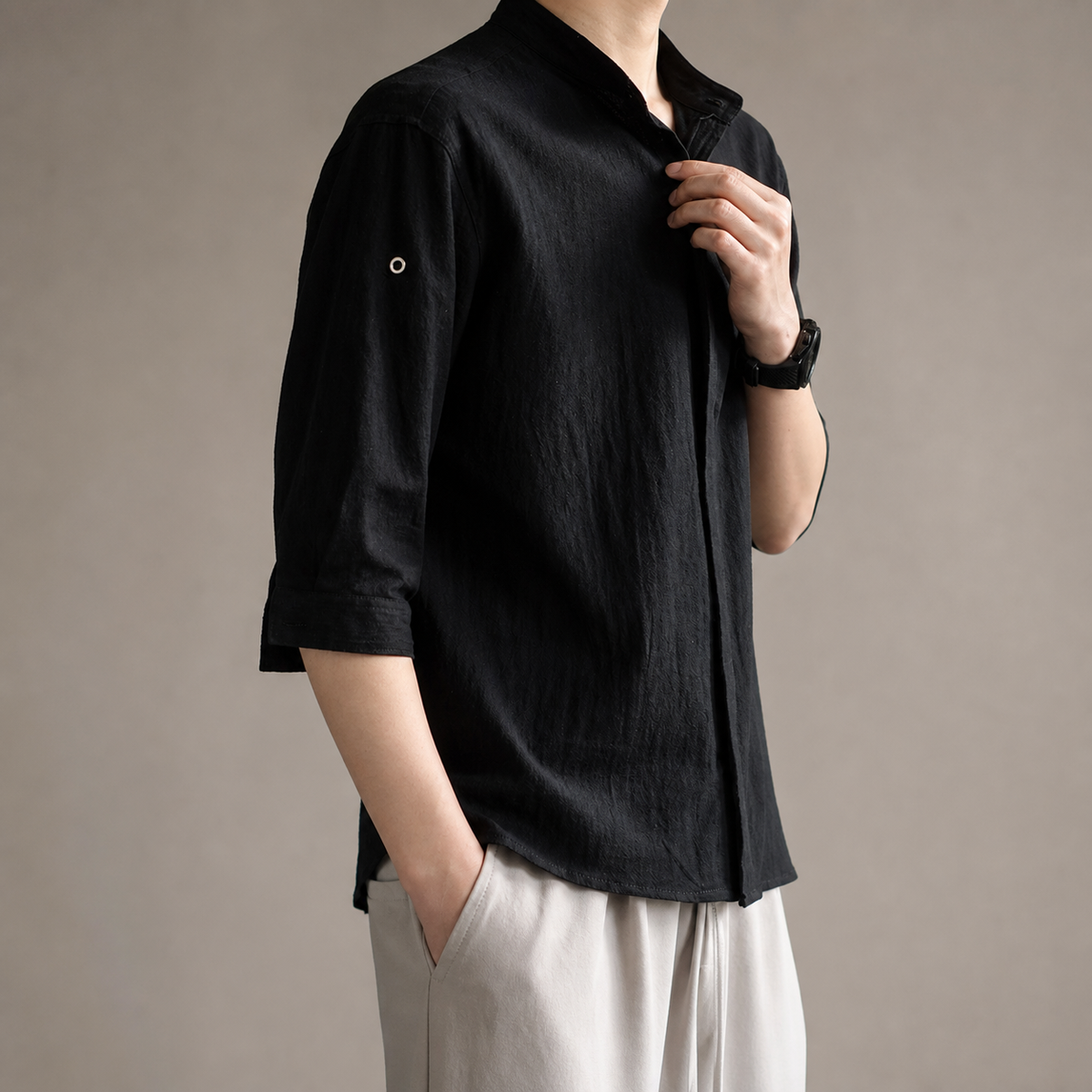 Men's Band Collar Shirt - 3/4 Sleeve Casual Button Down