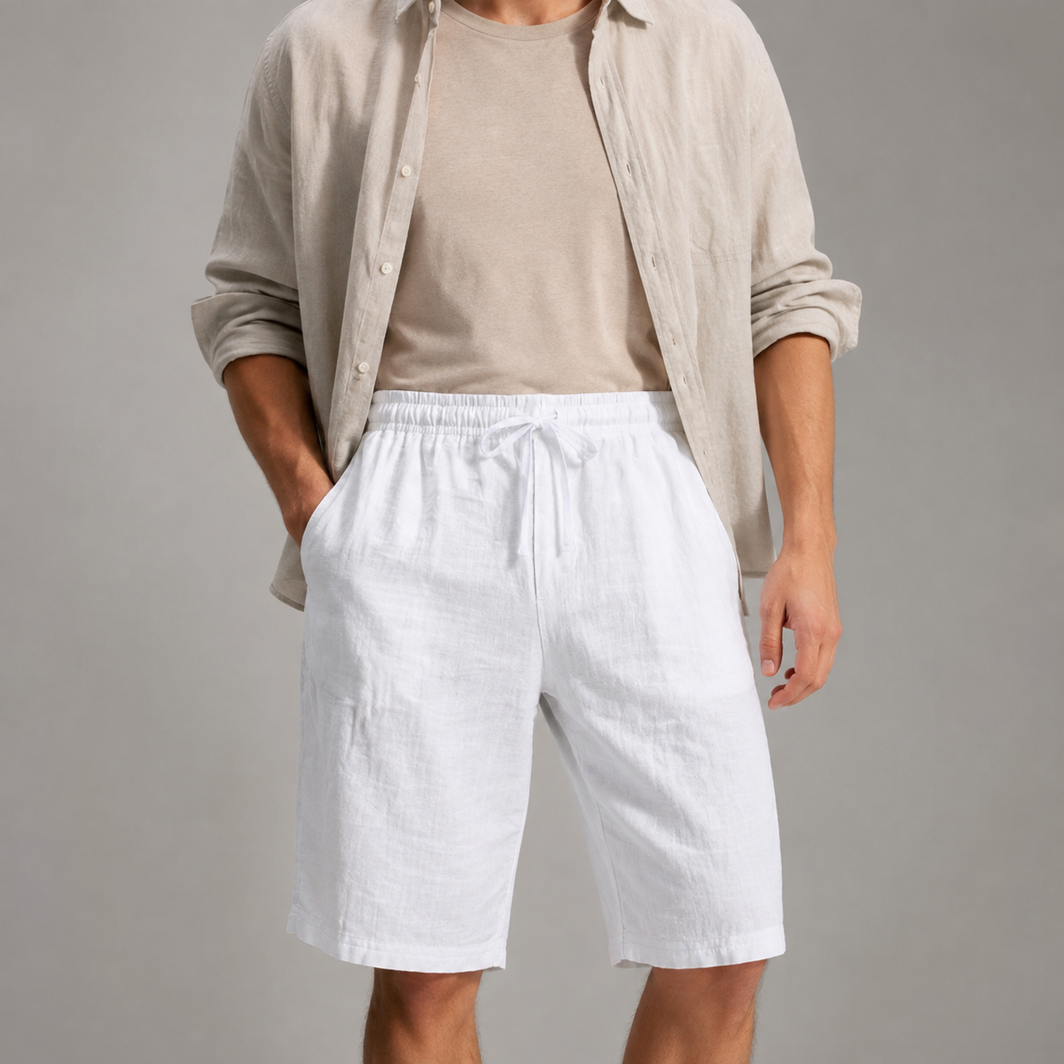 Men's Linen Blend Shorts - Drawstring Casual Beach Shorts