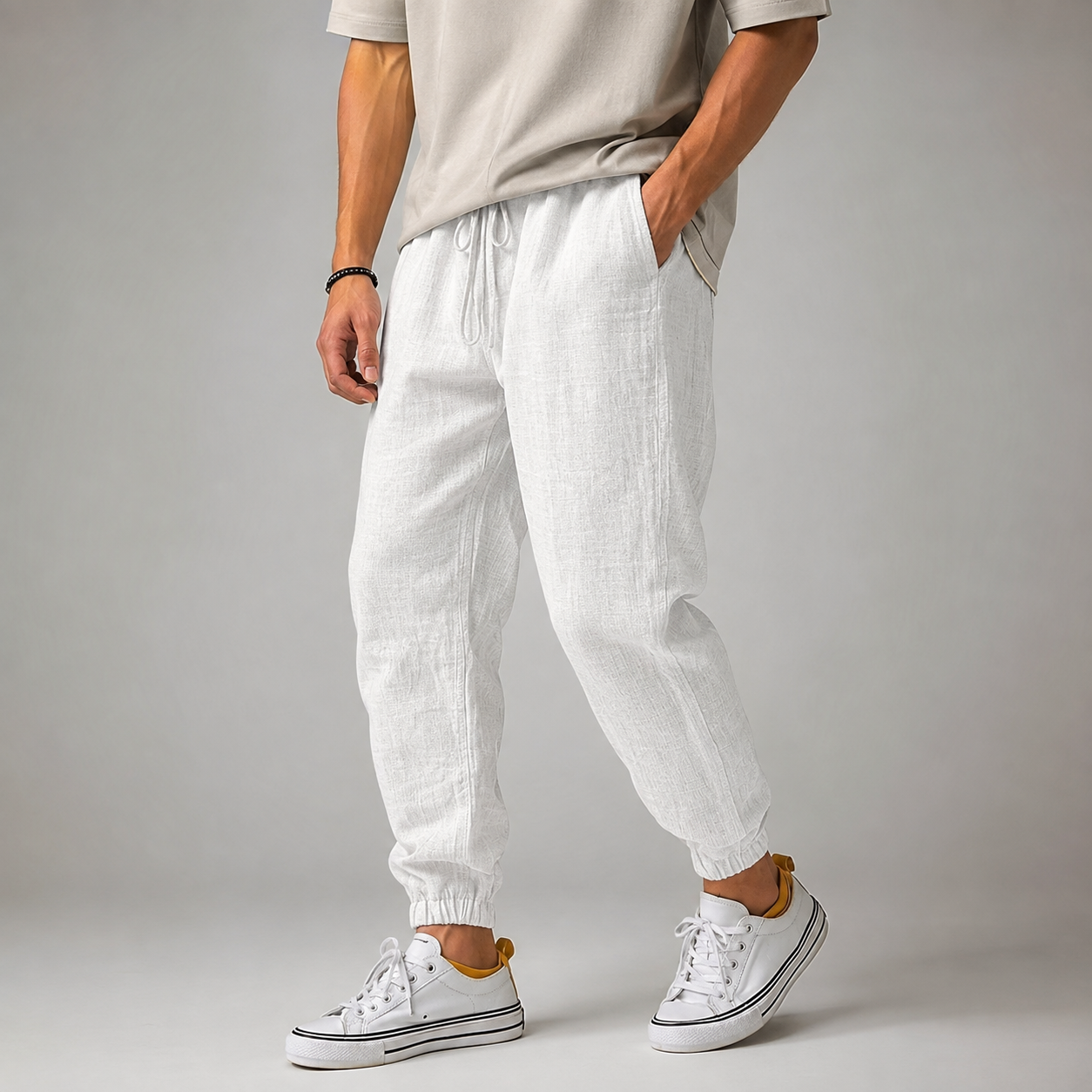 Men's Cotton Linen Jogger Pants - Cuffed Casual Trousers