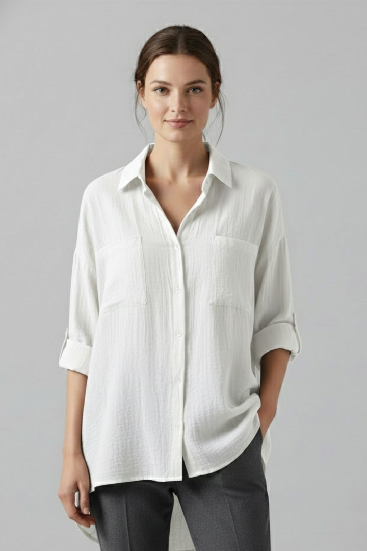 Aubrielle | Stylish Long Plain Blouse with Collar and Button Fastening