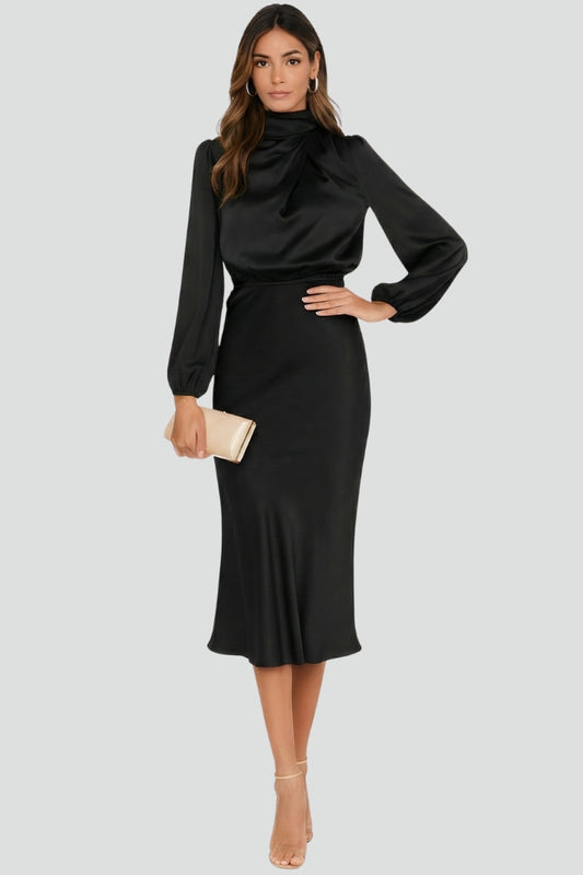 Parisse | Elegant Midi Wedding Guest Dress with Gathered High Neckline Design