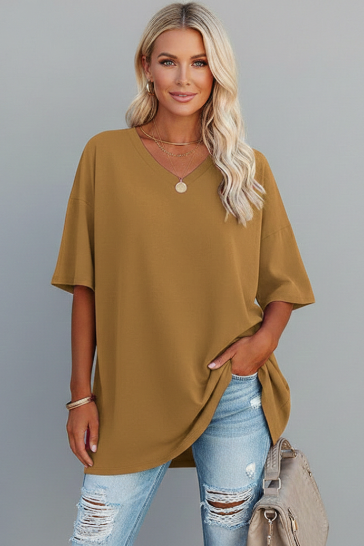 Milenda | Stunning V-Shaped T-Shirt with Dropped Shoulder Style