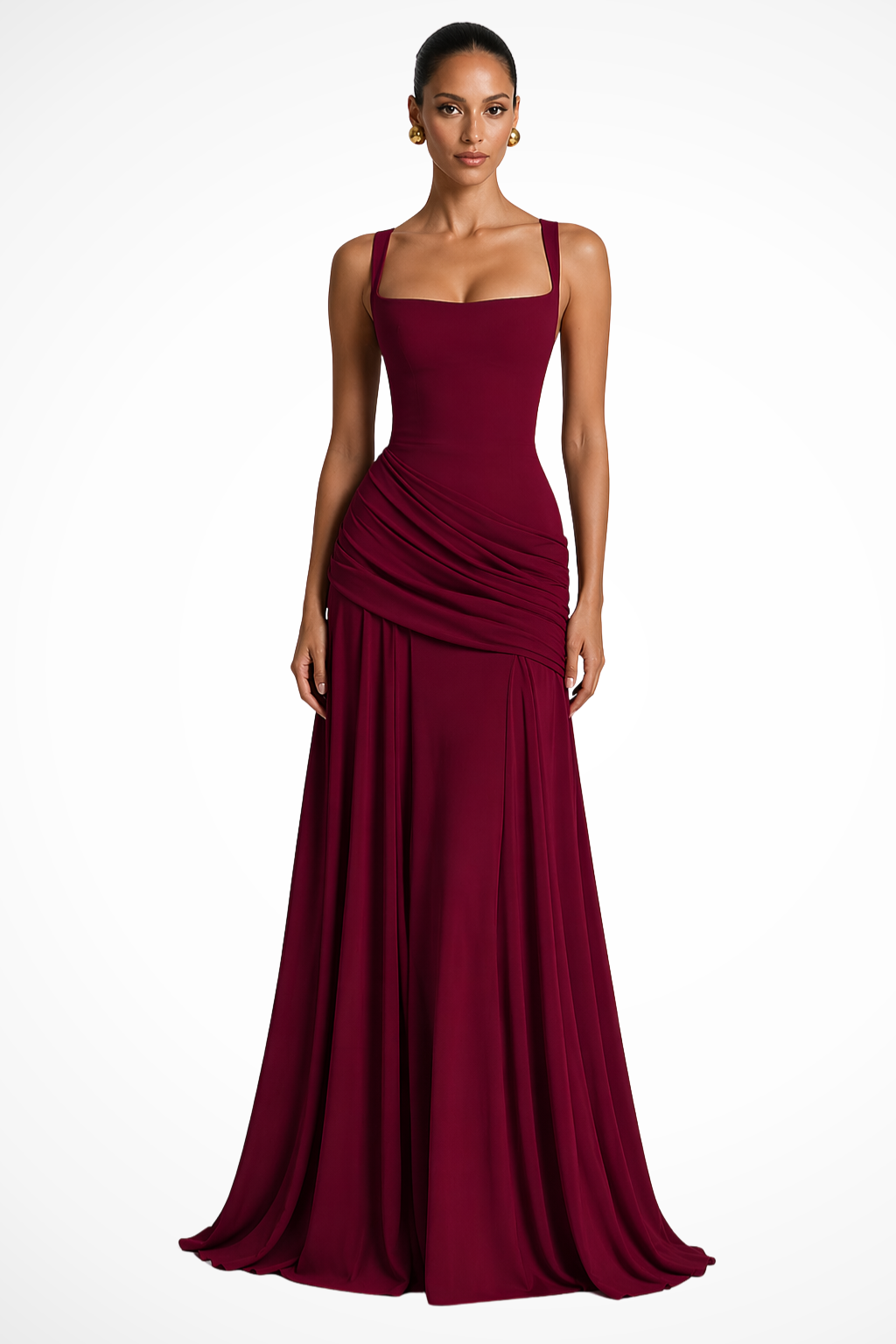 Women's Elegant Ruched Maxi Dress | Sophisticated Square Neck Wedding Guest Dress with Side Slit 4