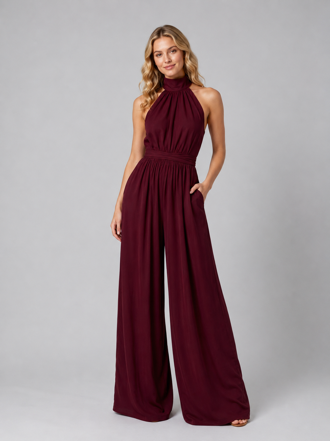 Women's Halter Neck Wide Leg Jumpsuit - Elegant Flowy Evening Romper