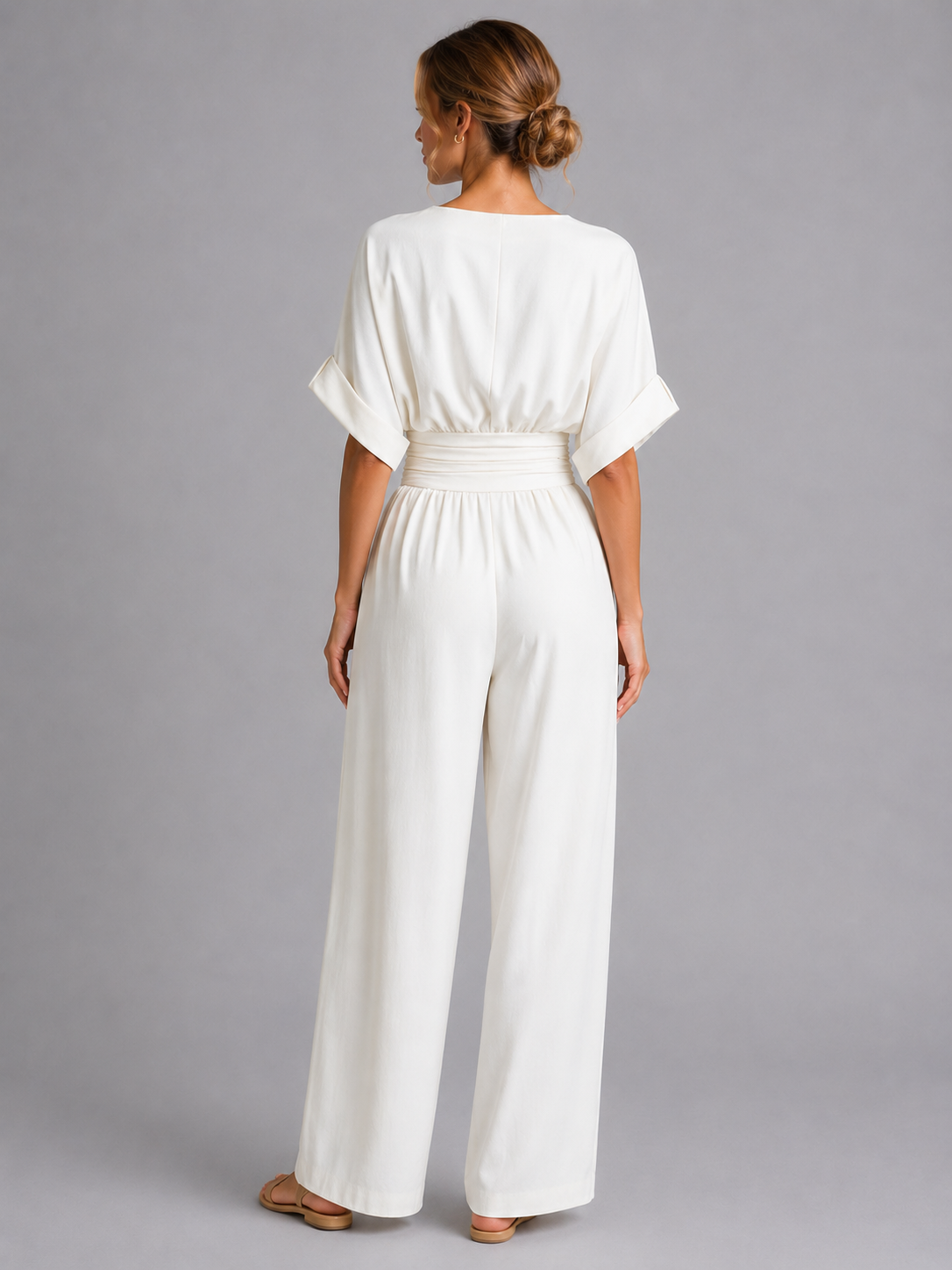Women's Relaxed Fit Wide Leg Jumpsuit - Cinched Waist Casual Romper