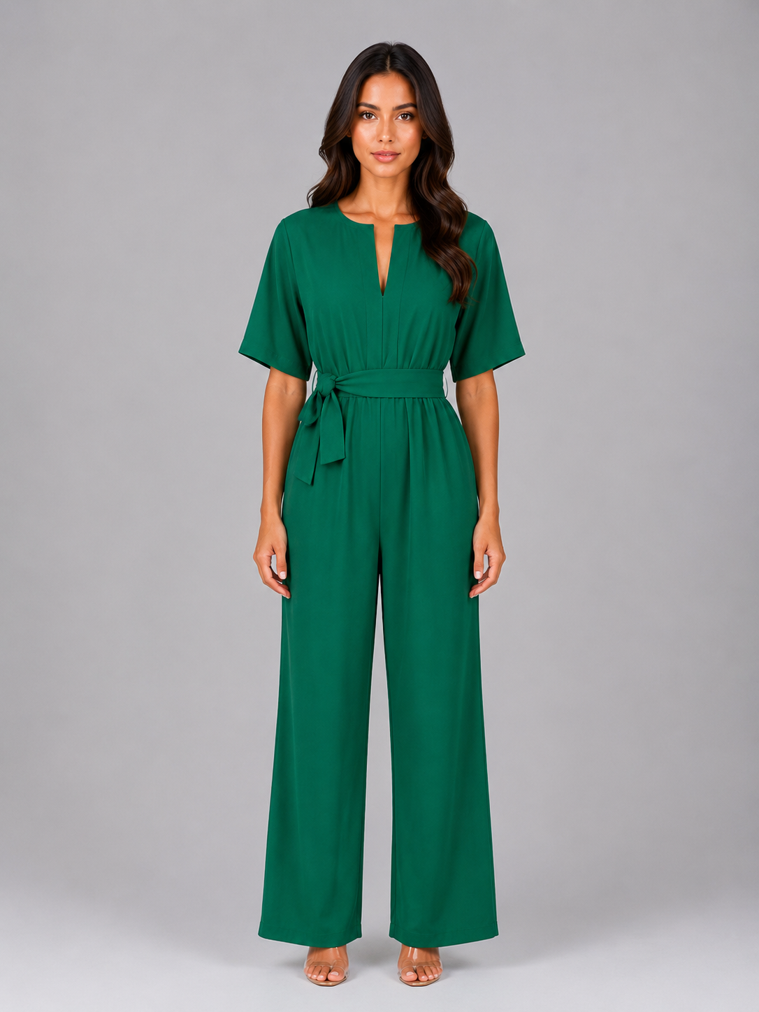 Women's Relaxed Wide Leg Jumpsuit - Tie Waist Casual Romper
