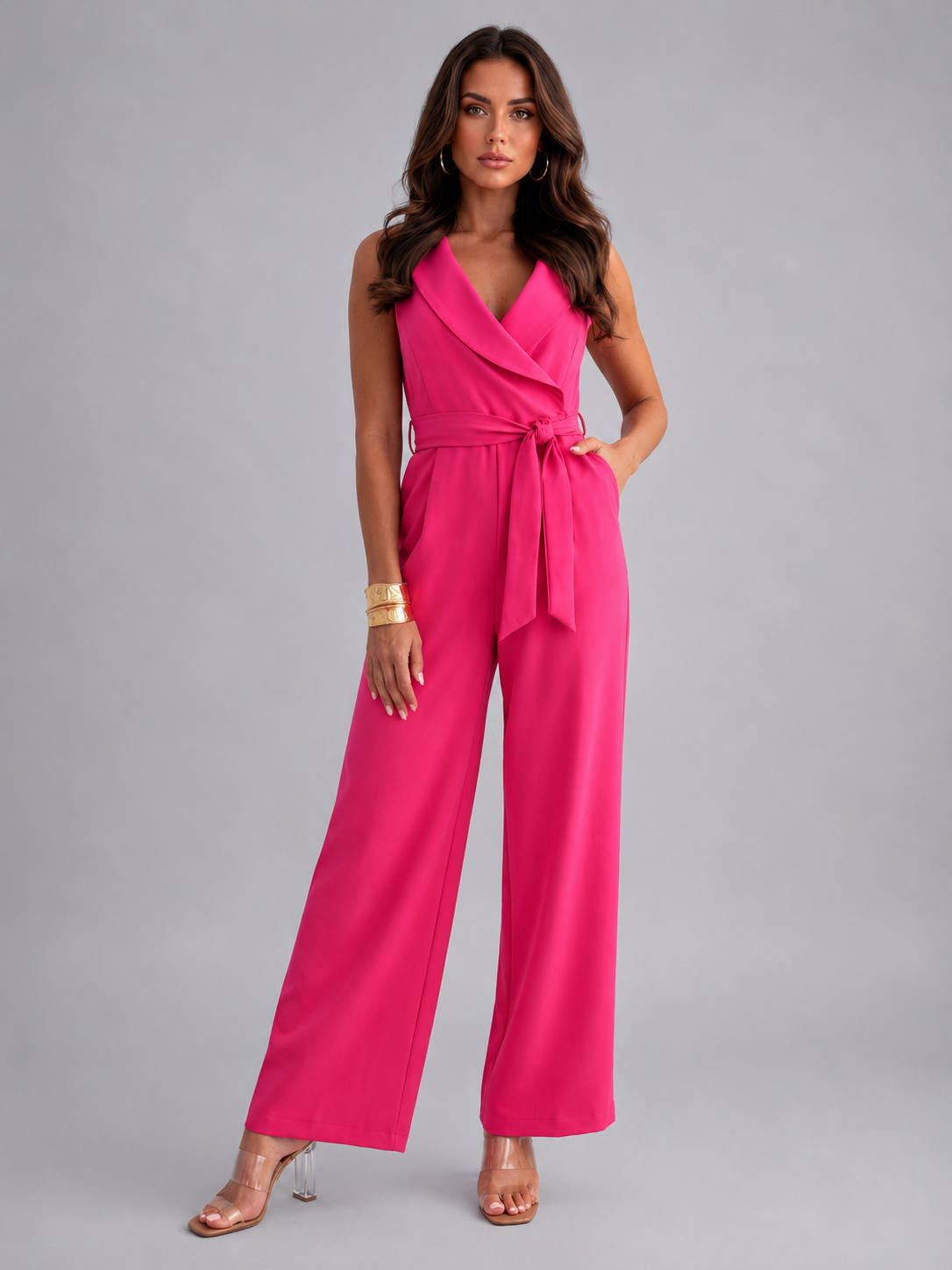 Women's Sleeveless Wide Leg Jumpsuit - Elegant Tie Waist Romper