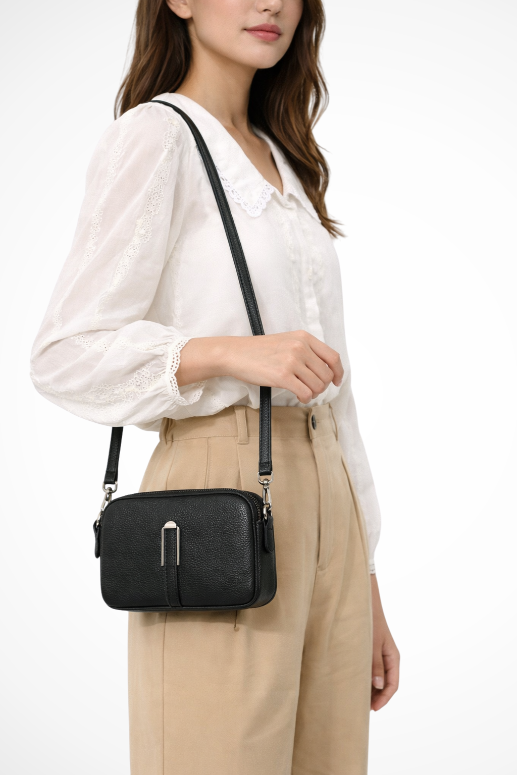 Women's Textured Fabric Crossbody Bag | Compact Double Zip Shoulder Purse 8