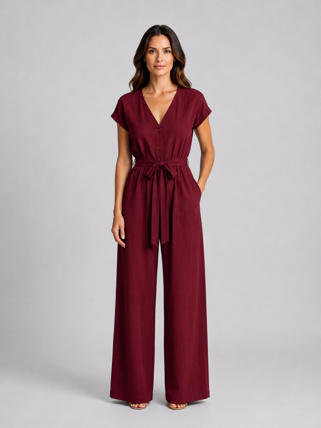 Women's Relaxed Wide Leg Jumpsuit - Tie Waist Summer Vacation Romper