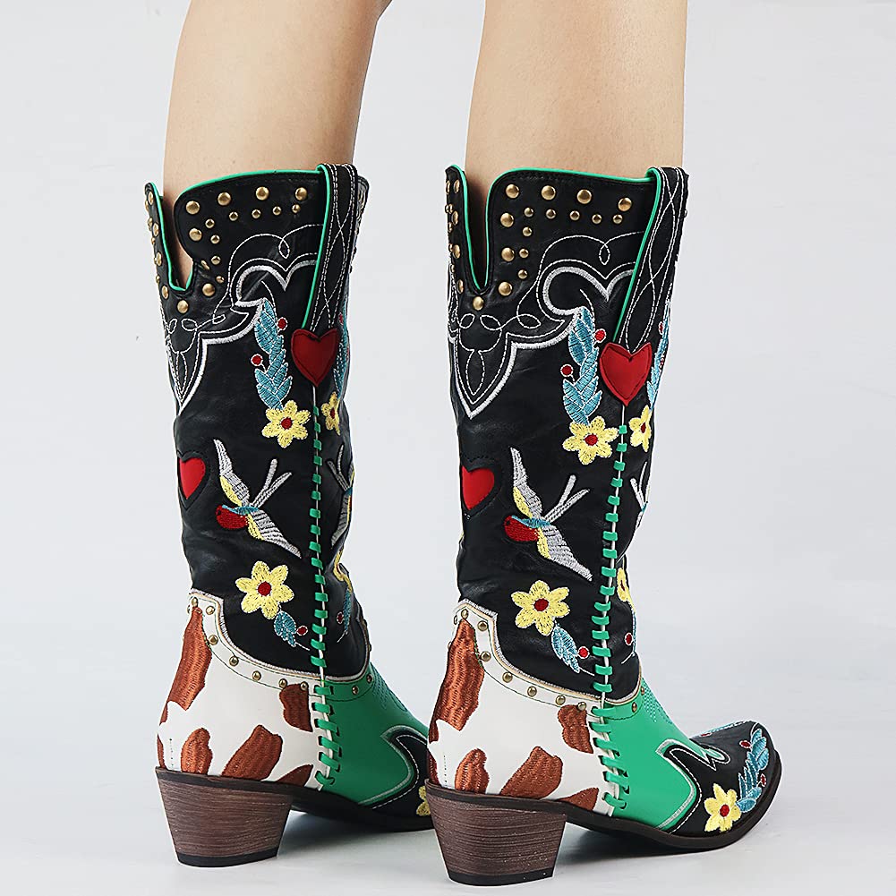 Women's Black Embroidered Cowboy Boots Mid-Calf Block Heel