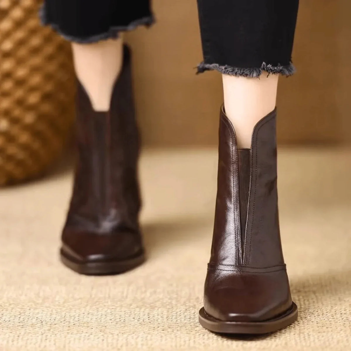 Women's Leather Ankle Boots Square Toe Block Heel