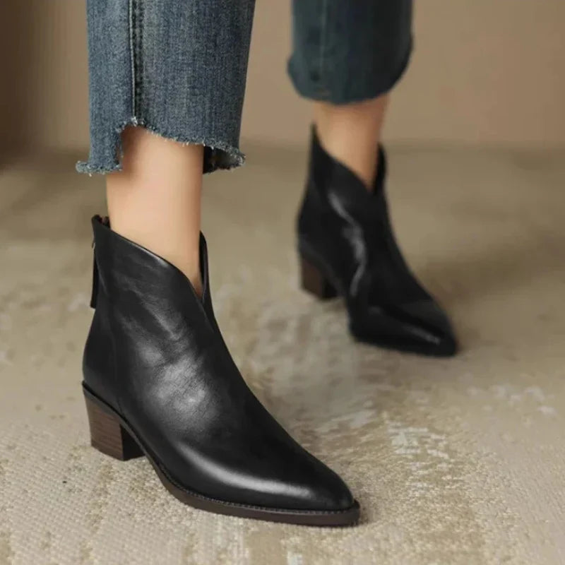 Women's Leather Ankle Boots Pointed Toe Block Heel