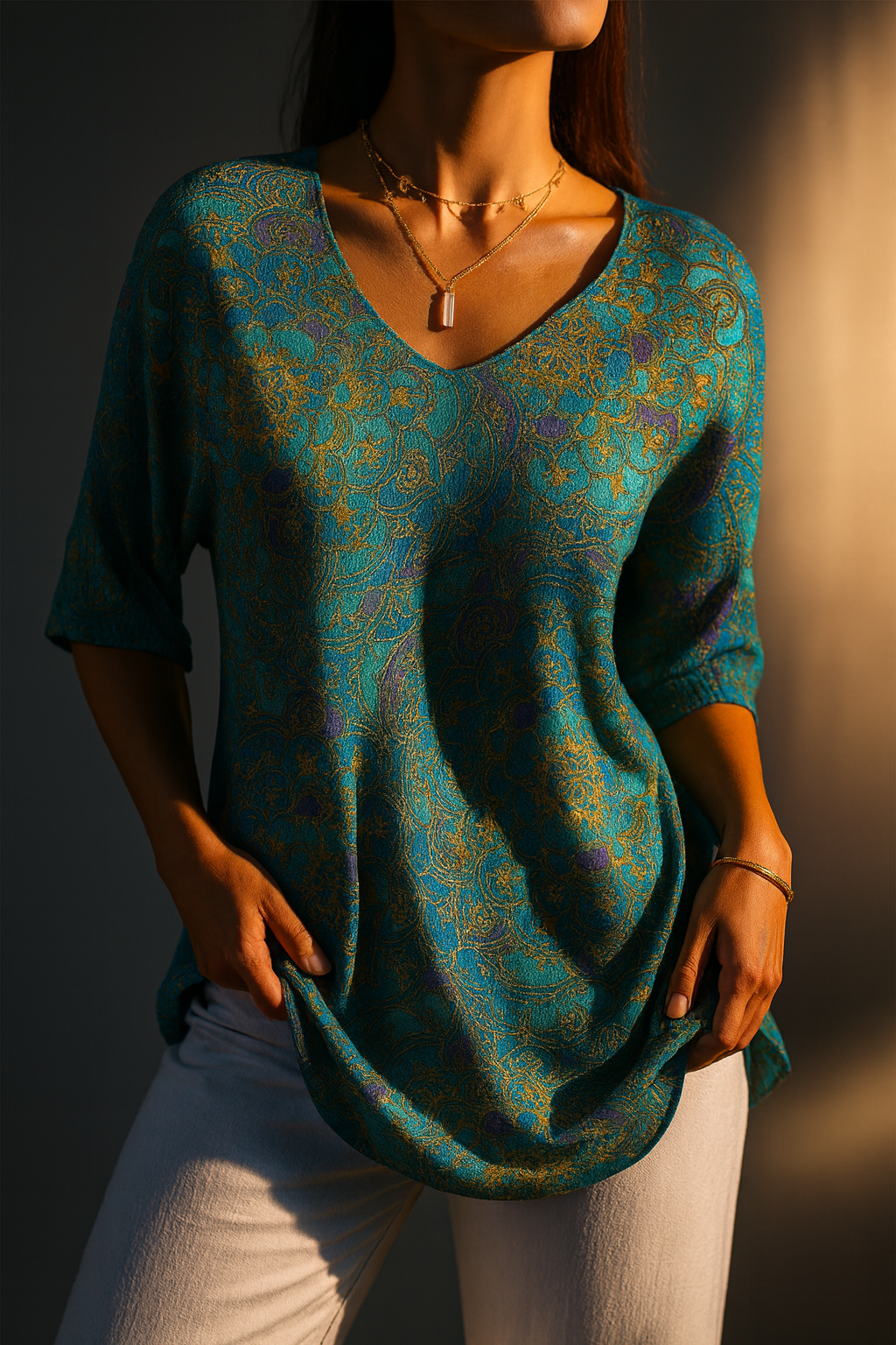 Women's Printed V-Neck Blouse – Three-Quarter Sleeves