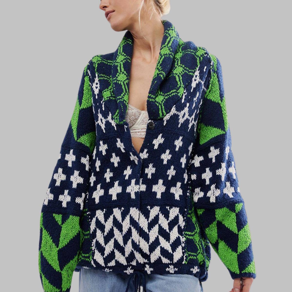 Women's Geometric Print Cardigan – Shawl Collar Button Front