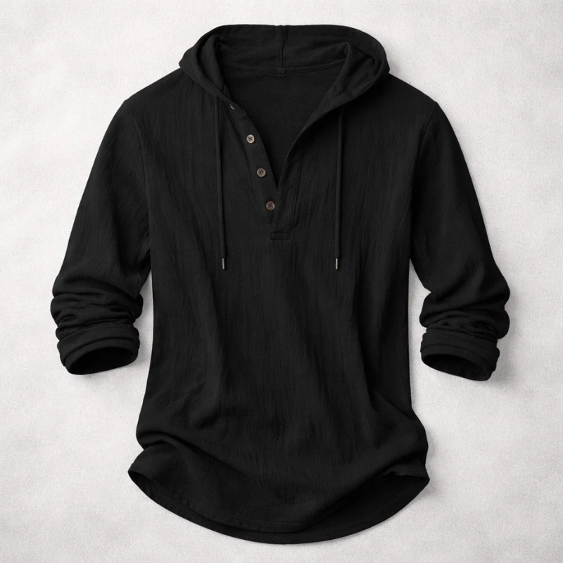Casual Linen-Blend Pullover Shirt with Hood and Button Placket Detail