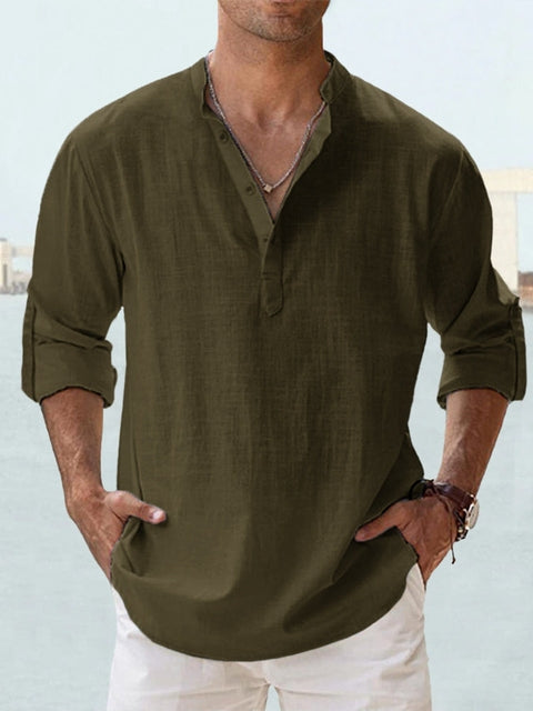 Casual Linen-Blend Shirt with Band Collar and Half Placket Style