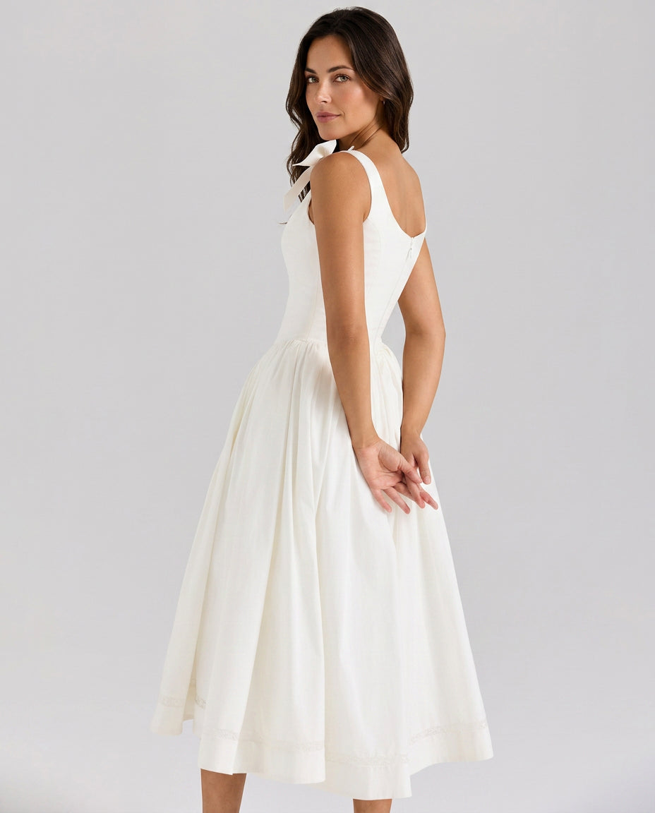 Caulriel | Women's Maxi High-Waist Bow Strap Midi Dress with Gathered Skirt