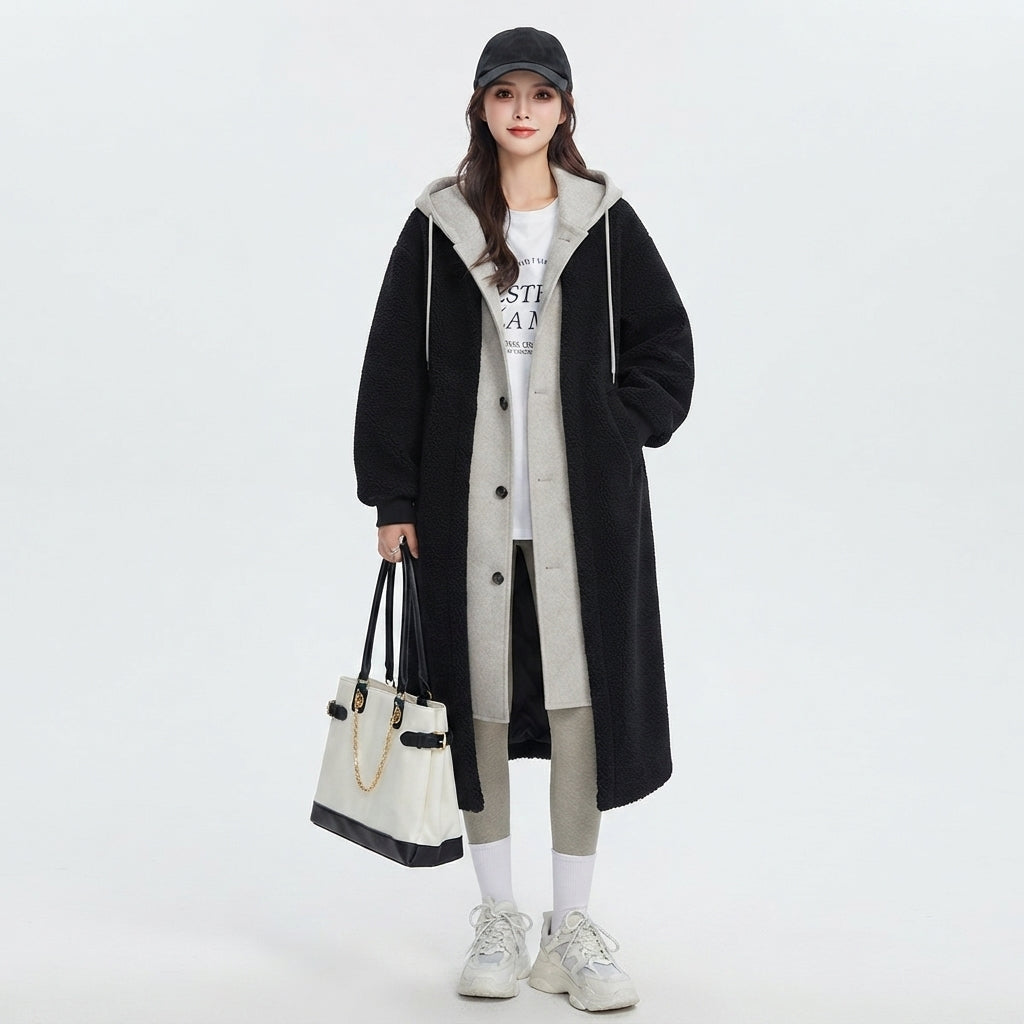 Women's Teddy Coat with Hood - Fleece Winter Overcoat
