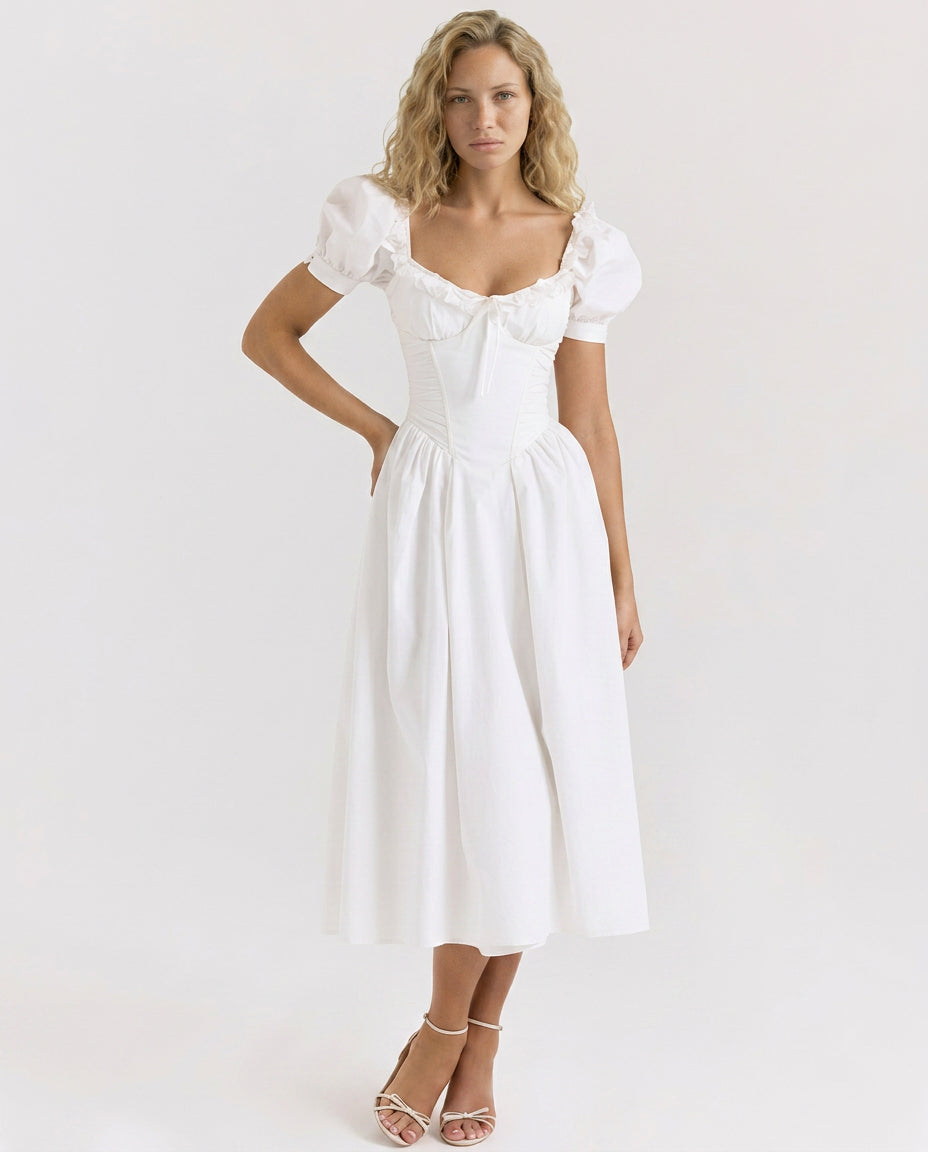 Clyara | Puff Sleeve Corset Bodice Midi Dress | Wedding Guest