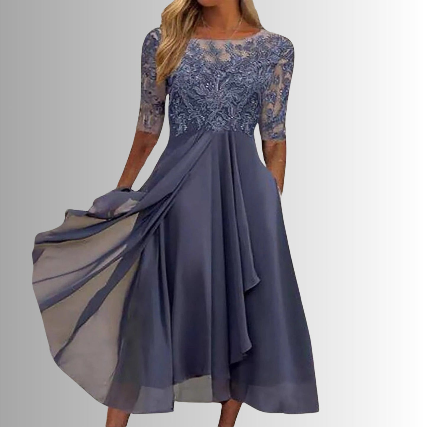 Dahlstine | Lace Bodice Midi Dress with Sheer Sleeves | Wedding Guest
