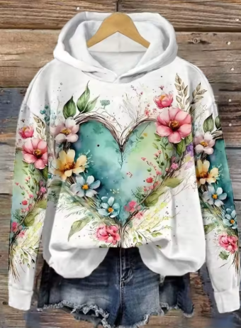 Women's Floral Heart Print Hoodie – Long Sleeve