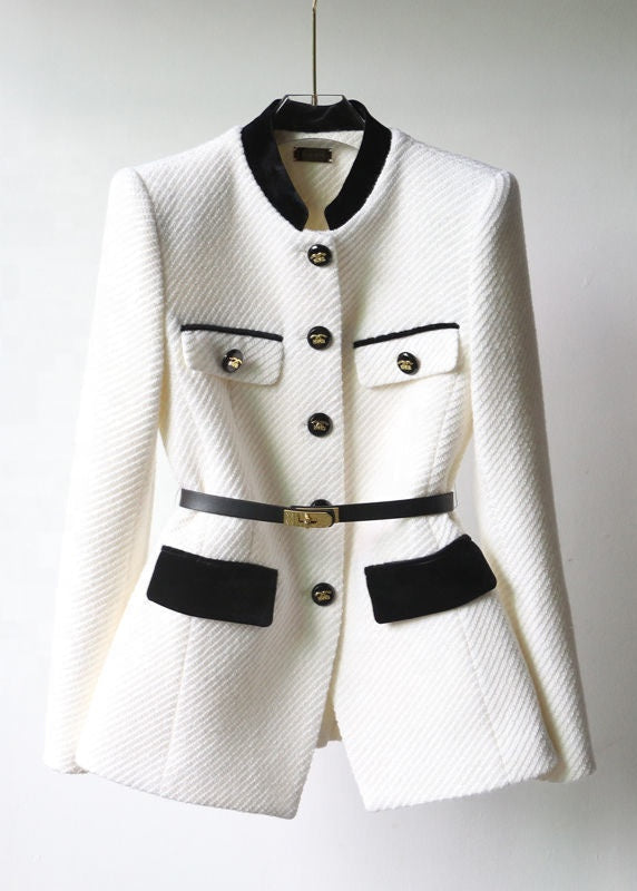 Women’s Textured Jacket - Belted Waist Black Trim