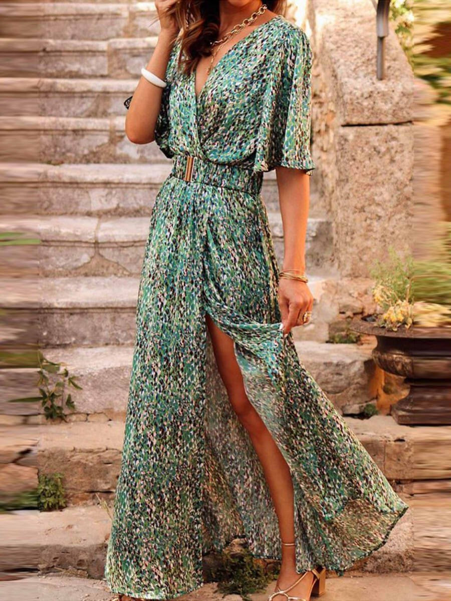 Carys | Modern Belted Waist Wrap Maxi Dress with Stylish High Slit