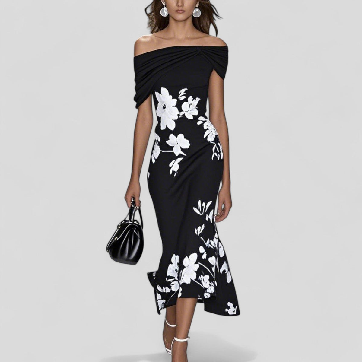 Eulalia | Floral Off-Shoulder Wedding Guest Midi Dress