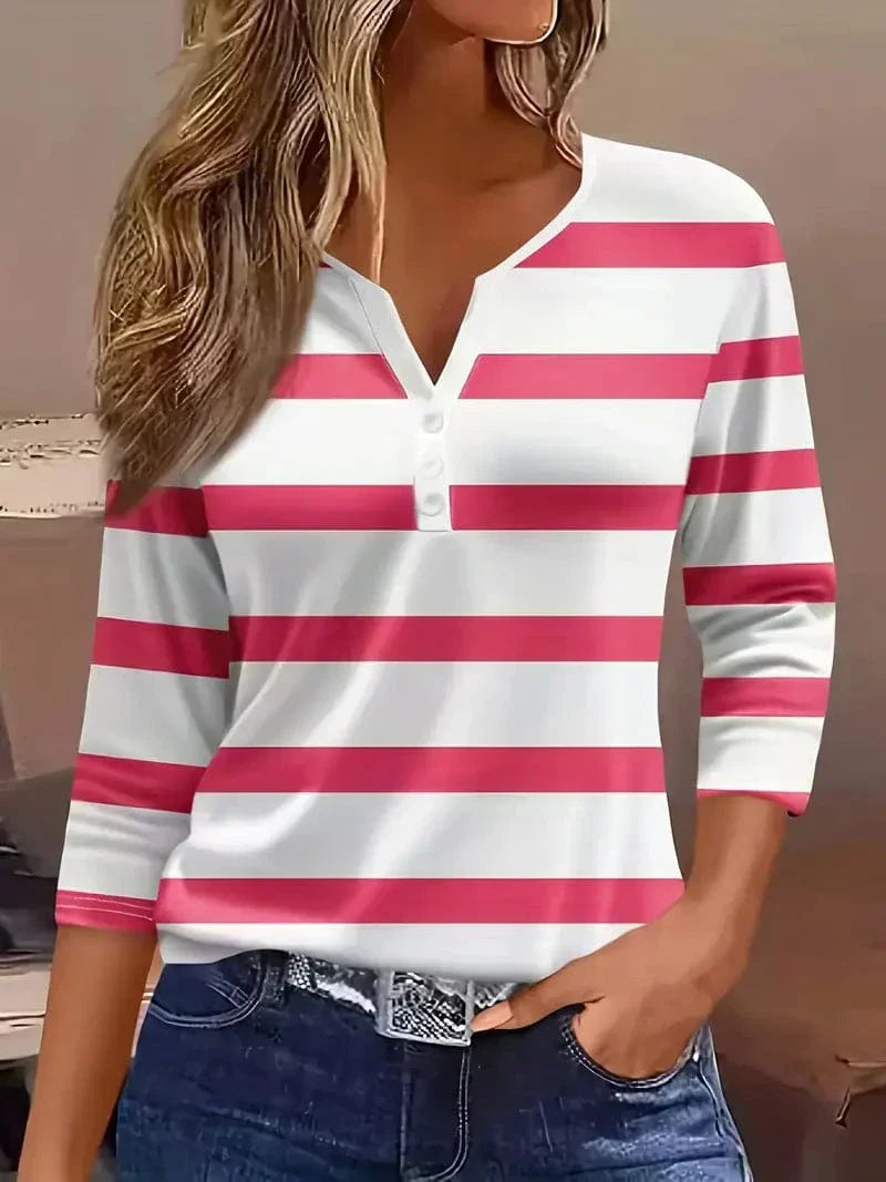 Maisyn | Women's Striped V-Neck Top with Vintage Petal Sleeve Design