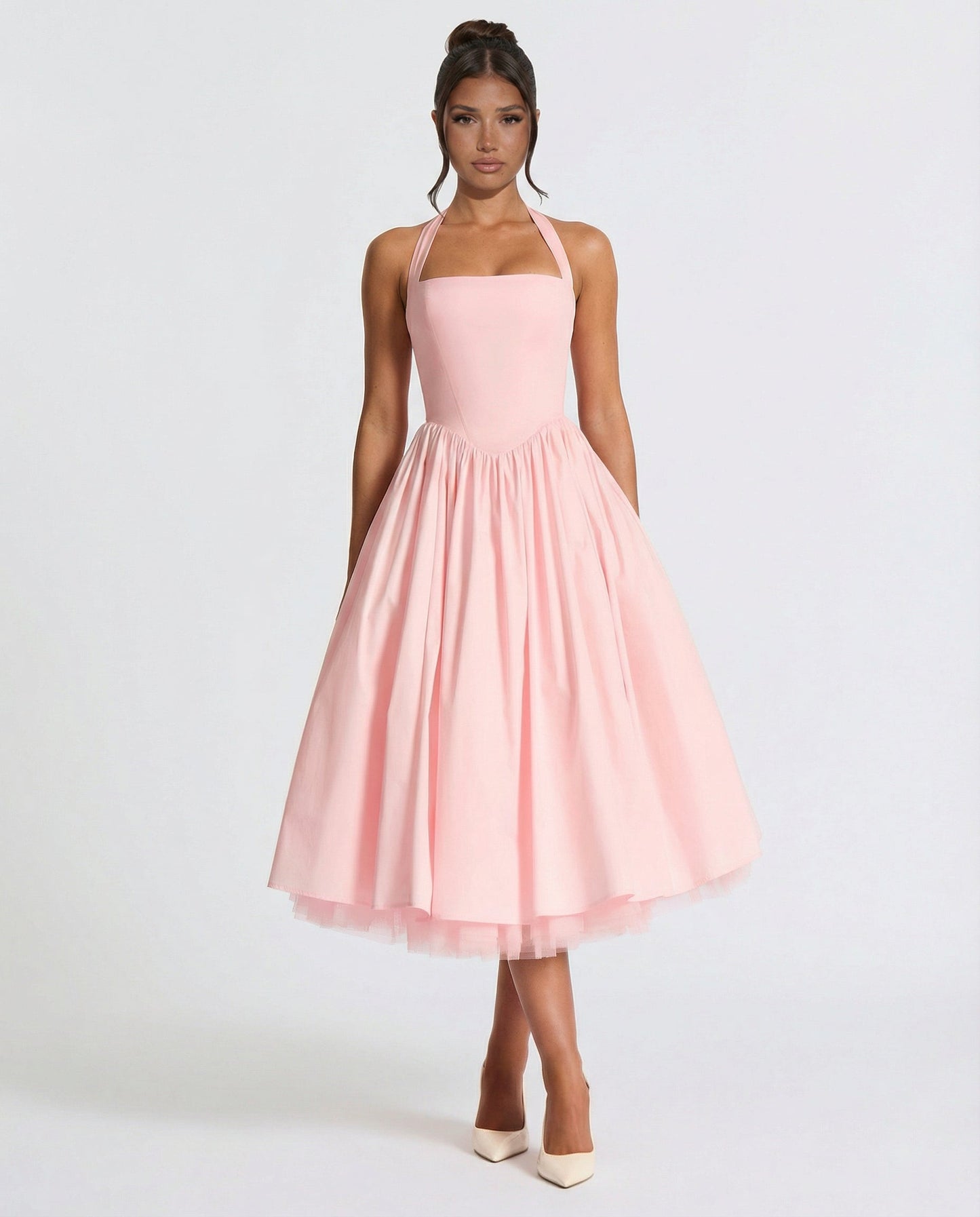 Fayereth | Halter Neck Lace Up Back Midi Dress | Wedding Guest