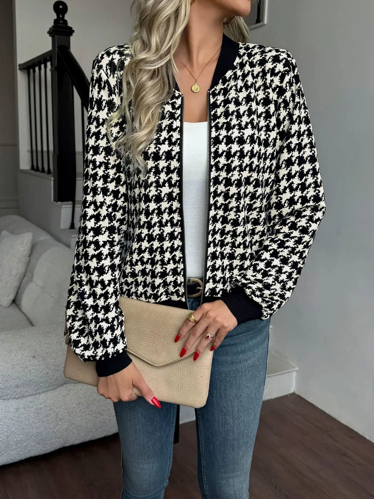 Women's Black Houndstooth Bomber Jacket – Zip-Up