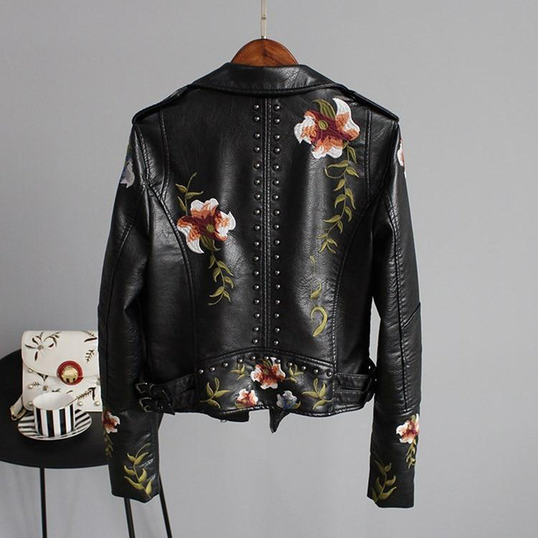 Women’s Biker Jacket - Floral Embroidered Studded Zip Front