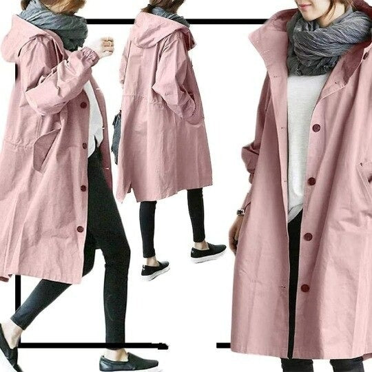 Women’s Hooded Trench Coat - Adjustable Cuffs Snap Closure