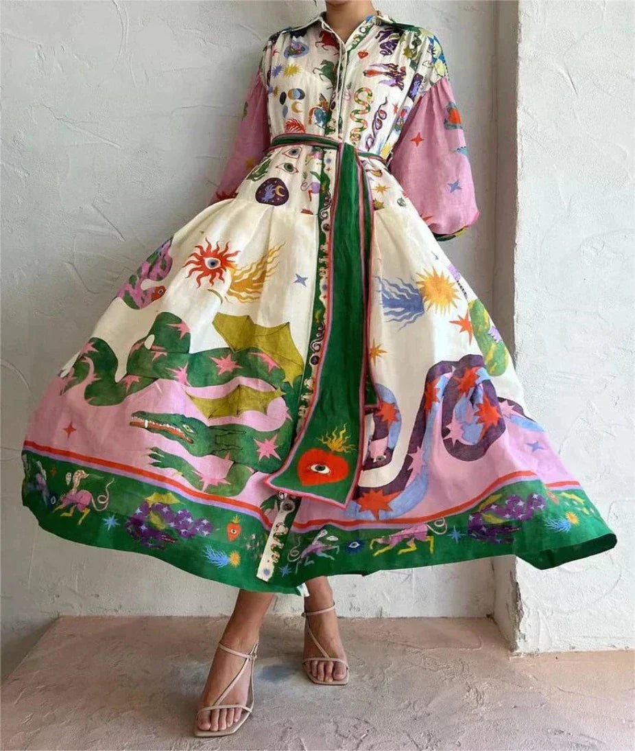 Lacey | Classic Printed Long Shirt Full-Length Dress with Bishop Sleeve Design