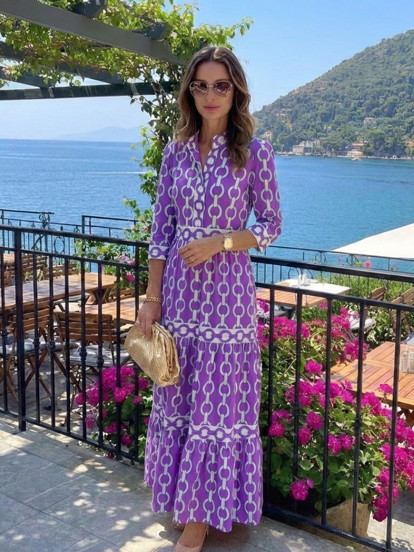 Dovryn | Chain Print Midi Dress Women Elegant Style