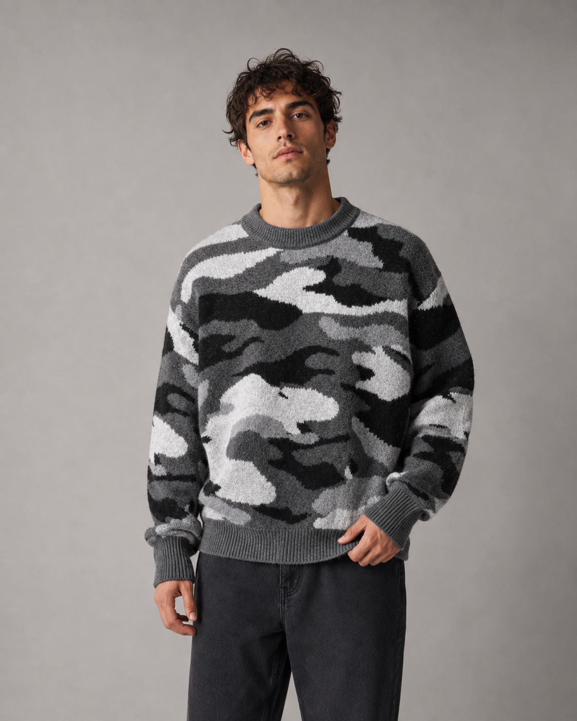 Men's Camo Sweater - Knit Crew Neck Relaxed Fit